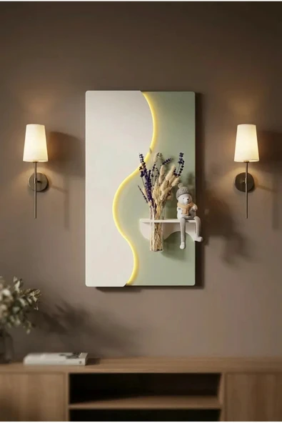 SERENGETI ART MANOLYA AHŞAP PİLLİ LEDLİ İSKANDİNAV TARZI SALON DUVAR RAFI MODERN ÇİÇEKLİK 40 X 70 CM ürün görseli 1