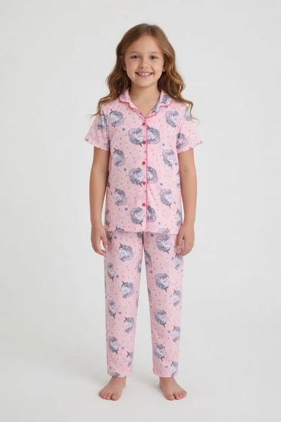 Pembe Unicorn Desenli Kız Çocuk Göz Bantlı Pijama Takımı 24011 ürün görseli 1