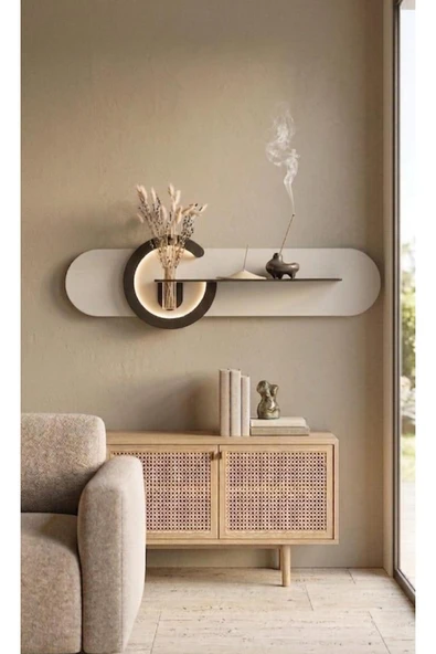 SERENGETI ART ANTORYUM AHŞAP PİLLİ LEDLİ İSKANDİNAV TARZI SALON DUVAR RAFI MODERN ÇİÇEKLİK 38 X 135 CM ürün görseli 1