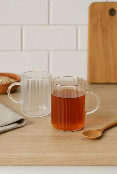 2 Adet Çizgili Kulplu Cam Kahve Çay Bardak 320 ML ürün görseli 1