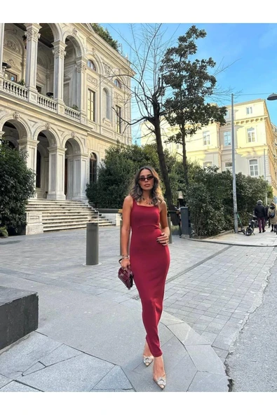 Bordo Askılı Yırtmaçlı Elbise - Resim 8
