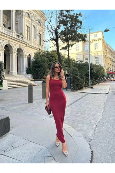 Bordo Askılı Yırtmaçlı Elbise ürün görseli 1