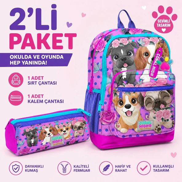 Coral High Pembe Köpek Desenli Sırt Çantası 23750+ Kalemlik 22050 ürün görseli 1