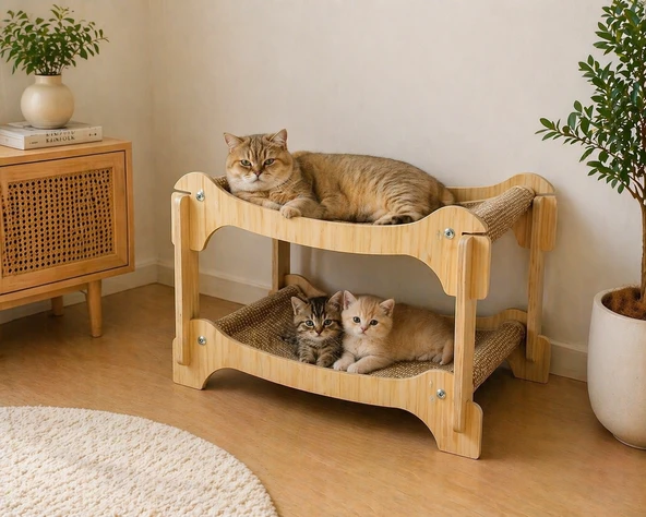 Pureza Ahşap İki Katlı Kedi Yatağı & Dinlenme Standı Hasır Yüzeyli (Çift Katlı Tasarım) ürün görseli 1