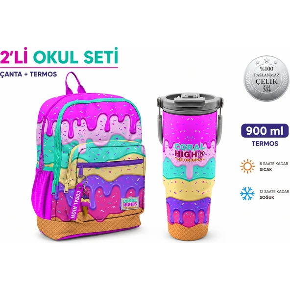 Coral High Pembe Dondurma Okul Çantası 23731+Çelik Termos 900 ml 38741 ürün görseli 1