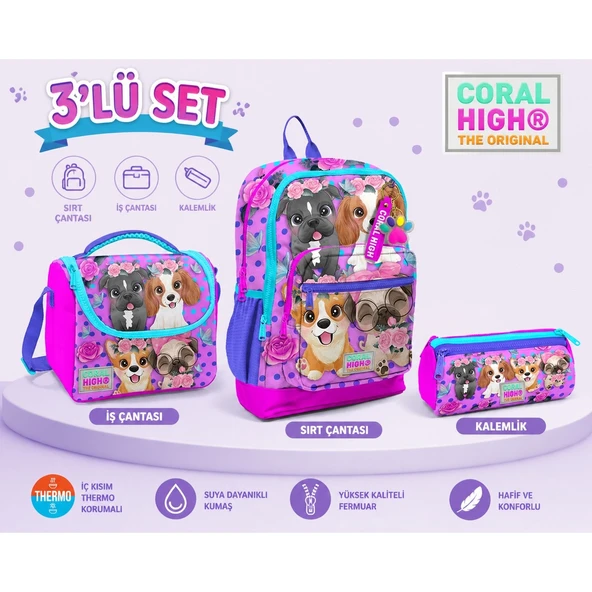 Coral High Pembe Köpek Desenli Sırt Çantası 23750+ Kalemlik 22050+ Beslenme 11750 ürün görseli 1