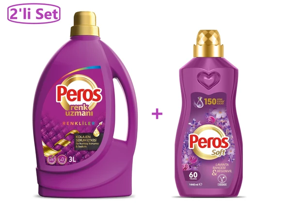 Peros Renk Uzmanı Renkliler İçin Sıvı Çamaşır Deterjanı 3 L +Peros Soft Lavanta Bahçesi & Begonvil Çamaşır Yumuşatıcısı 1440 Ml-2'li Set ürün görseli 1