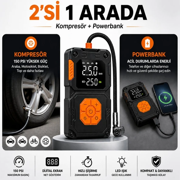 Taşınabilir Hava Kompresörü 150 PSI Dijital Ekranlı Lastik Şişirme Pompası 5000 mAh Powerbank Özellikli Araba Bisiklet Motor Top İçin ürün görseli 1