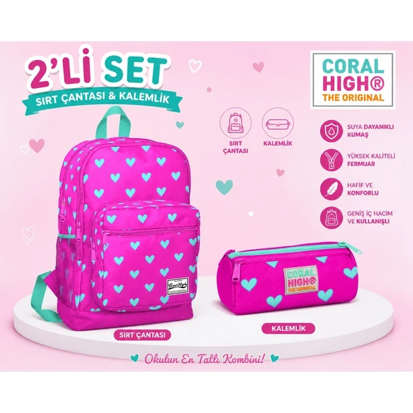 Coral Hıgh Kalp Desenli Pembe Yeşil Sırt Çantası 23113+ Kalemlik 22317 ürün görseli 1