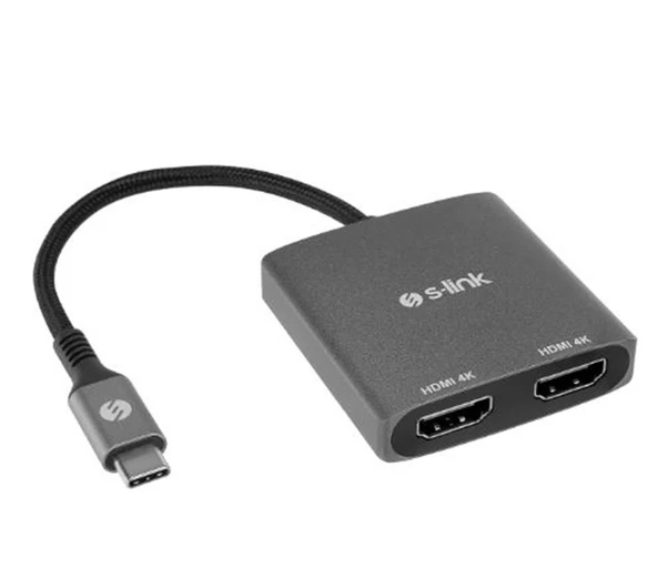 S-link SWV-USBC026 4K@30Hz Gri Metal Type-C to 2 port HDMI Adaptör ürün görseli 1