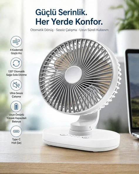 Masaüstü Vantilatör 120° Otomatik Döner Başlık 4 Kademeli Hız Sessiz Mini Fan, Taşınabilir, Uzun Süre Kullanım, Ofis & Ev İçin ürün görseli 1