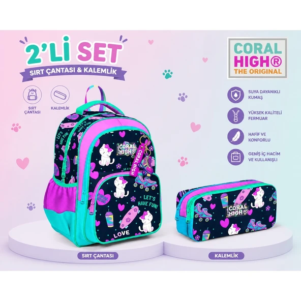 Coral High Lacivert Pembe Kedili Sırt Çantası 23658+ Kalemlik 12091 ürün görseli 1
