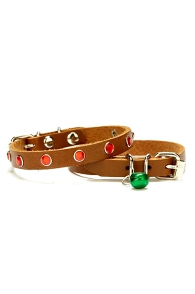 Cattie Gerçek Deriden El Yapımı Taşlı Kedi Boyun Tasması 1x18-22cm - Camel ürün görseli 1