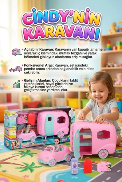 Cindy’nin Harika Karavanı Oyun Seti - Açılabilir Karavan, Pembe Araba ve Aksesuarlı Oyuncak Bebek Seti ürün görseli 1