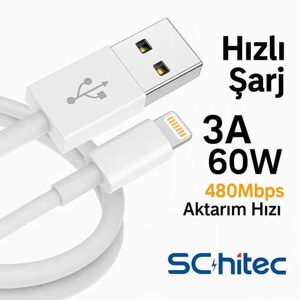 ScHitec 3 Paket 3A 60W UsbA to Lightning Hızlı Data ve Şarj Kablosu 1 Metre/ 2 Metre/ 3 Metre Beyaz ürün görseli 1