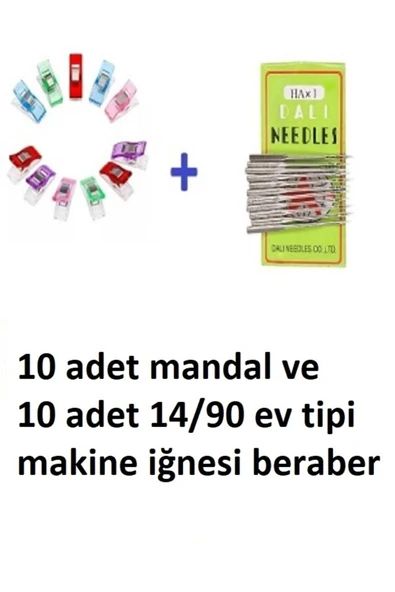 Dikiş Nakış Plastik Klips Tutucu Mandal (RENKLİ 10 ADET)- Dali Ev Tipi Makine Iğnesi 14/90 10 Adet ürün görseli 1