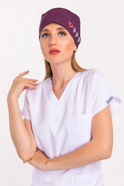 Unisex Mürdüm Kalp Ritim Nakışlı Doktor Hemşire Hastane Medikal Cerrahi Bonesi ürün görseli 1
