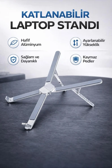 KATLANABİLİR ALÜMİNYUM LAPTOP VE TABLET STANDI AYARLANABİLİR KAYMAZ TAŞINABİLİR ERGONOMİK TUTUCU ürün görseli 1