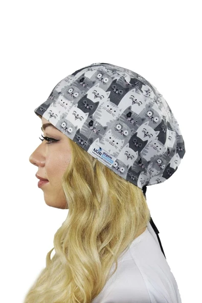 Unisex Gri Kediler Desenli Cerrahi Bone Hemşire Saç Bonesi ürün görseli 1