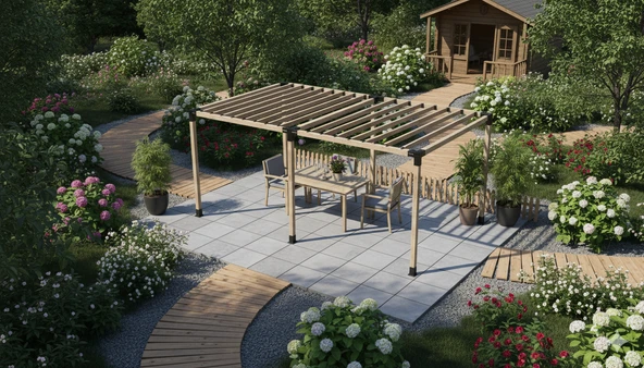 iAhşap Pergola Braket Seti 6 Ana Direkli Üstü Izgaralı Eğimli Pergola Braket Set ürün görseli 1
