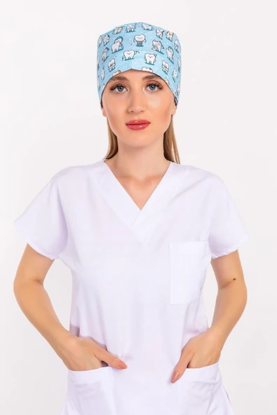 Master Likra Mavi Diş Desenli Doktor Hemşire Hastane Diş Hekimi Cerrahi Bone ürün görseli 1