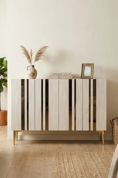 KA1230BTG MİA Konsol ve Tv Sehpası Beyaz-Traverten-Gold 120cm ürün görseli 1