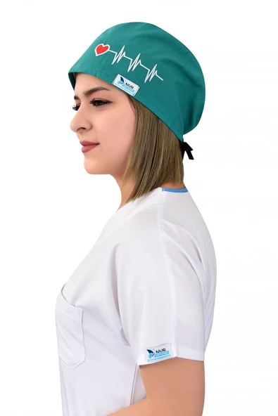 Unisex Yeşil Kalp Ritim Nakışlı Cerrahi Bone Hemşire Saç Bonesi ürün görseli 1