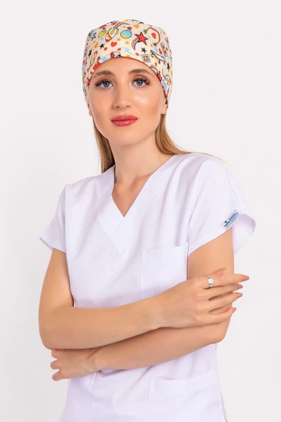 Unisex 90'lar Desenli Hemşire Cerrahi Bone Doktor Ameliyat Saç Bonesi ürün görseli 1