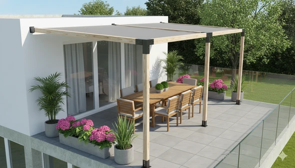 iAhşap Breketli Sundurma Pergola 3 Ana Direkli Gölgelikli Sundurma ürün görseli 1
