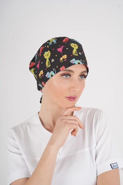 Unisex Cool Cats Club Desenli Doktor Hemşire Hastane Aşçı Medikal Cerrahi Bonesi ürün görseli 1