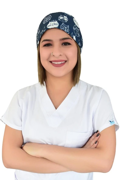 Lacivert Kediler Desenli Cerrahi Bone B28 ürün görseli 1