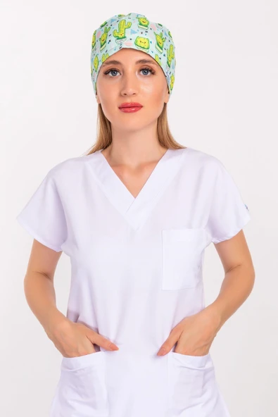 Unisex Mutlu Kaktüs Desenli Cerrahi Bone Hemşire Doktor Saç Bone ürün görseli 1