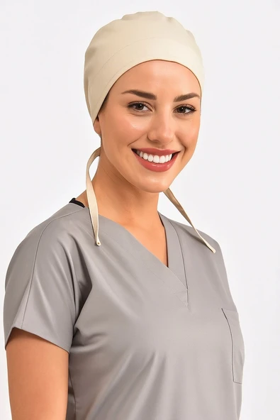 Unisex Düz Bej Cerrahi Doktor Hemşire Hastane Aşçı Saç Bonesi ürün görseli 1