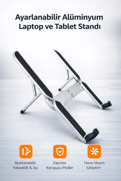 AYARLANABİLİR ALÜMİNYUM LAPTOP VE TABLET STANDI KATLANABİLİR HAVA AKIŞI DESTEKLİ TAŞINABİLİR STAND ürün görseli 1