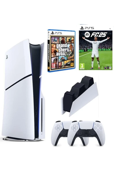 Sony Playstation 5 Slim Cd Edition + 2. DualSense Ps5 Kol + Sarj istasyonu + Fifa Fc 25 + GTA 5 ürün görseli 1