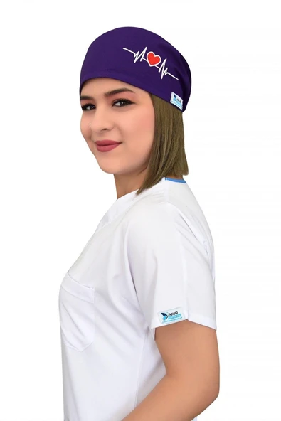 Unisex Mor Kalp Ritim Nakışlı Cerrahi Bone Hemşire Doktor Saç Bone ürün görseli 1