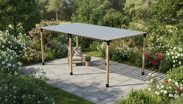 iAhşap Pergola Braket Seti 6 Ana Direkli Üstü Izgaralı Eğimli Trapezli Gölgelik ürün görseli 1