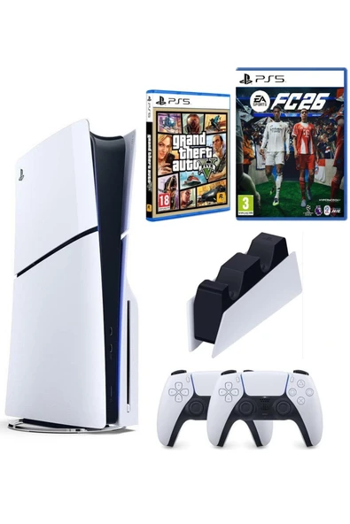 Sony Playstation 5 Slim +2.kol Dualsense +Şarj istasyonu +PS5 FC26 + GTA V ürün görseli 1
