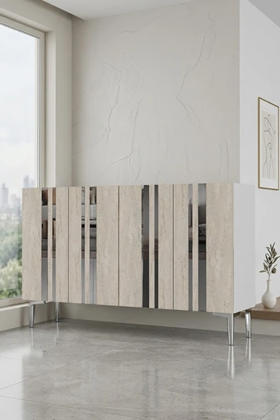 KA1230BTS MİA Konsol ve Tv Sehpası Beyaz-Traverten-Silver 120cm ürün görseli 1