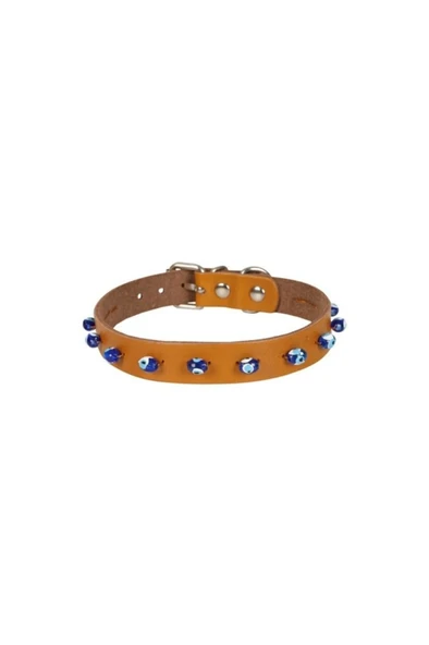 Cattie Gerçek Deriden El Yapımı Boncuklu Kedi Boyun Tasması 1,5x28-32cm - Camel ürün görseli 1