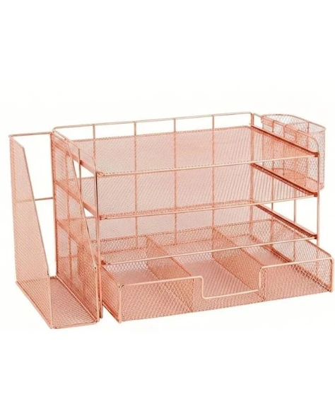 Temel Rose Gold Metal Mesh 3 Katlı Masaüstü Organizer Dosyalık Çekmeceli Kalemlikli 33x22x23 cm 9533 ürün görseli 1
