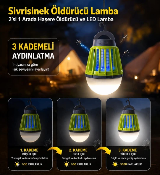 ŞARJ EDİLEBİLİR 3 KADEMELİ KAMP LAMBALI UV IŞIKLI TAŞINABİLİR ASKILI SİVRİSİNEK KOVUCU ürün görseli 1