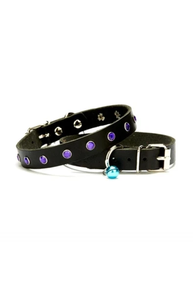 Cattie Gerçek Deriden El Yapımı Taşlı Kedi Boyun Tasması 1x18-22cm - Black ürün görseli 1