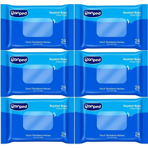 Canped Yetişkin Vücut Temizleme Islak Mendil Havlu 24 Yaprak Seyahat Boy 6 Lı Set (144 Yaprak) ürün görseli 1