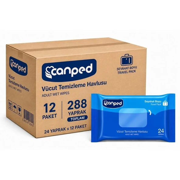 Canped Yetişkin Vücut Temizleme Islak Mendil Havlu 24 Yaprak Seyahat Boy 12 Li Set  (288 Yaprak) ürün görseli 1