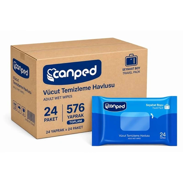 Canped Yetişkin Vücut Temizleme Islak Mendil Havlu 24 Yaprak Seyahat Boy 24 Lü Set  (576 Yaprak) ürün görseli 1