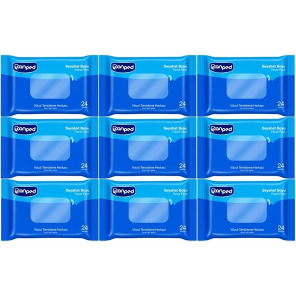 Canped Yetişkin Vücut Temizleme Islak Mendil Havlu 24 Yaprak Seyahat Boy 9 Lı Set (216 Yaprak) ürün görseli 1