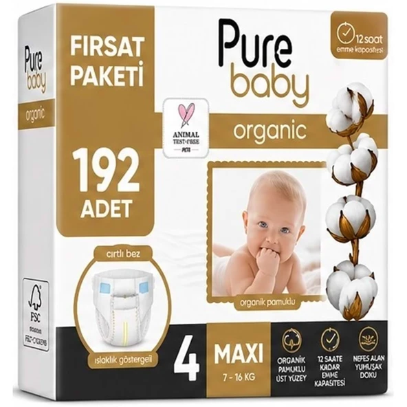 Pure Baby Organik Bebek Bezi 4 Beden 7-16 KG Maxi 192 Adet Avantaj Fırsat Pk ürün görseli 1