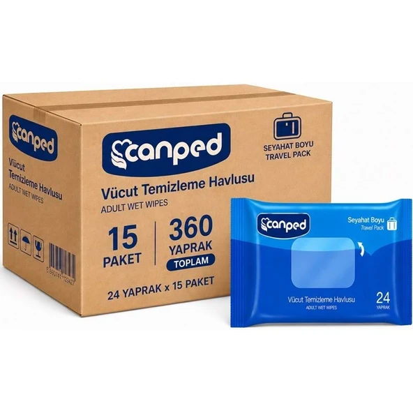 Canped Yetişkin Vücut Temizleme Islak Mendil Havlu 24 Yaprak Seyahat Boy 15 Li Set (360 Yaprak) ürün görseli 1