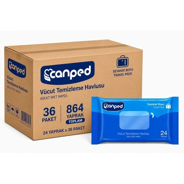 Canped Yetişkin Vücut Temizleme Islak Mendil Havlu 24 Yaprak Seyahat Boy 36 Lı Set  (864 Yaprak) ürün görseli 1